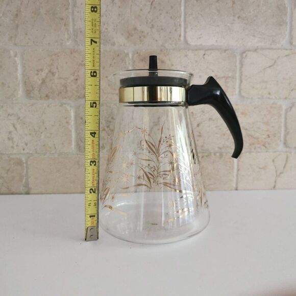 Vintage Pyrex Glass Carafe Gold Wheat Atomic Starburst MCM Retro Coffee Tea Pot - Picture 9 of 9